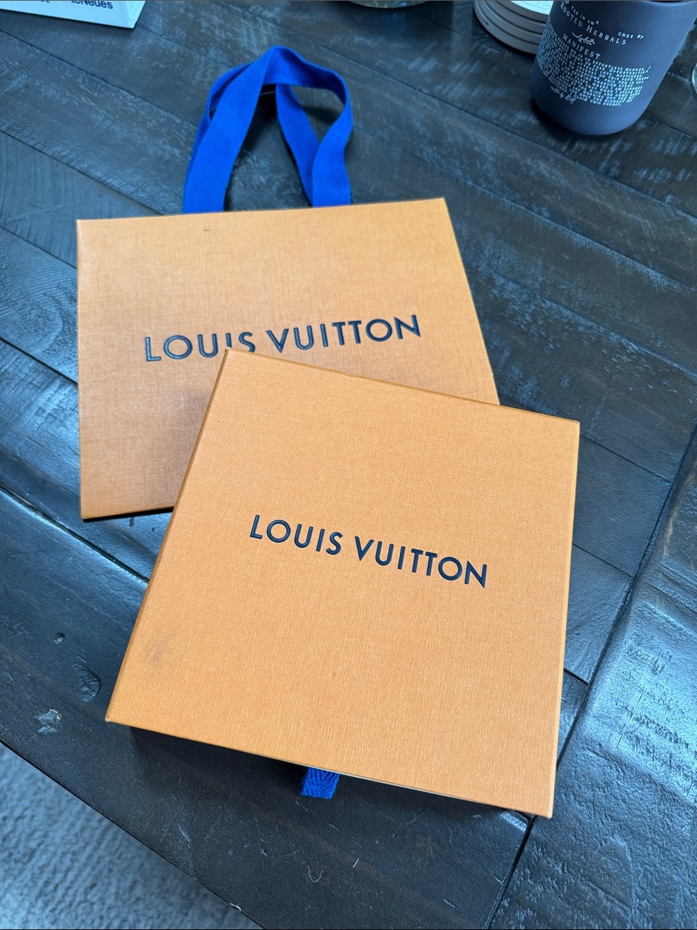 Louis Vuitton Orange Box with Blue Logo and Ribbon
